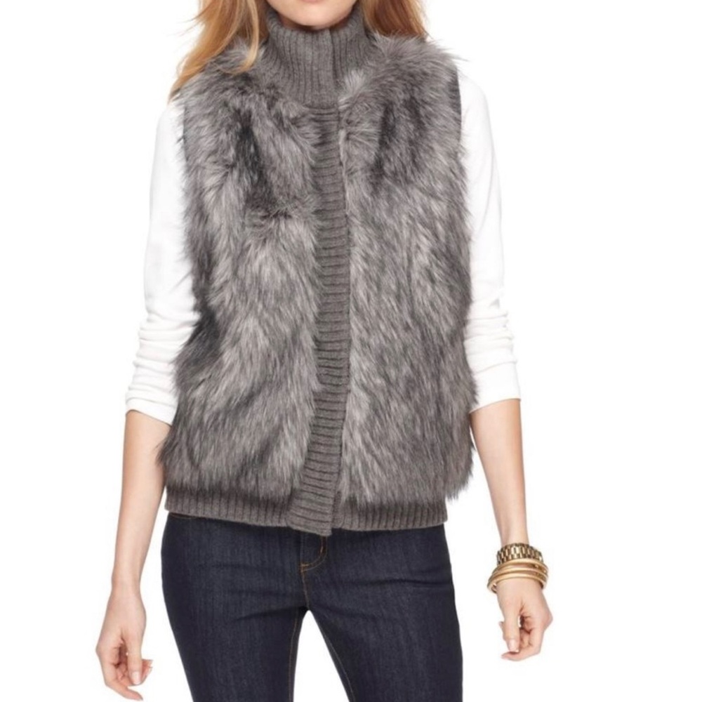 Michael Kors Gray Faux Fur & Wool Blend Knit Sweater Vest